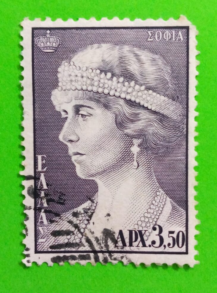 Issue:       Greece Queen Sophia 1957 Stamp Type:      Stamp Number of Stamps:        1 Denominations:       3.50 Dr, Issue Date:        1957 Issued By:     Greece Post 