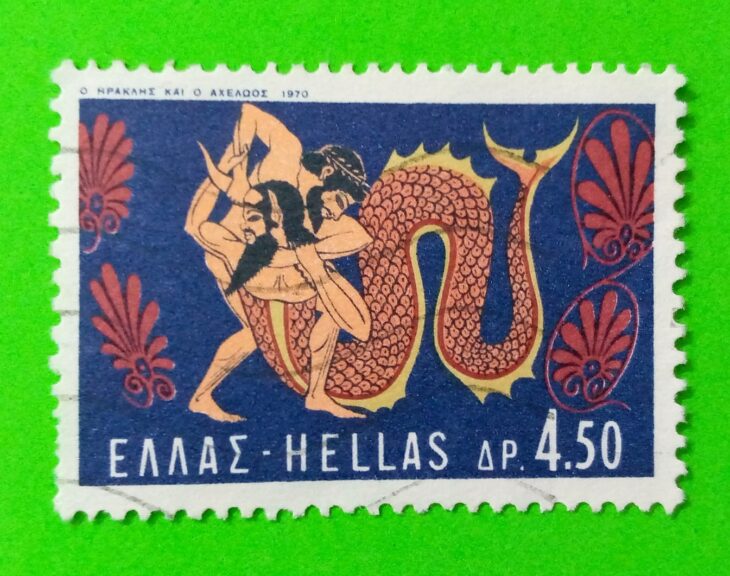 Issue:       Greece Hercules and Achelous 1970 Stamp Type:      Stamp Number of Stamps:        1 Denominations:       4.50 Dr, Issue Date:        1970 Issued By:     Greece Post 
