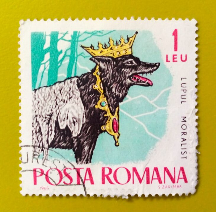 Issue:       Romania Lupul Moralist (Wolf) 1965 Stamp Type:        Stamp Number of Stamps:        1 Stamps Denomination:        1 Leu, Issue Date:         1965 Issued By:      Romania Post 