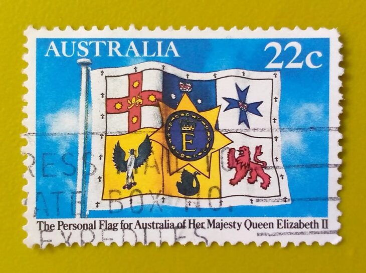 Issue:      Australia Queen Elizabeth II Personal Flag 1981 Stamp Type:       Stamp Number of Stamps:        1 Denominations:         22c, Issue Date:         1981 Issued By:      Australia Post  