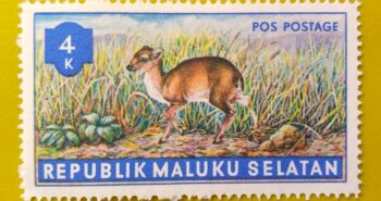Issue:      Republic of South Maluku Mouse Deer 1953 Stamp Type:      Stamp Number of Stamps:        1 Stamps Denomination:        4 K,   Issue Date:       1953 Issued By:      Indonesia post 