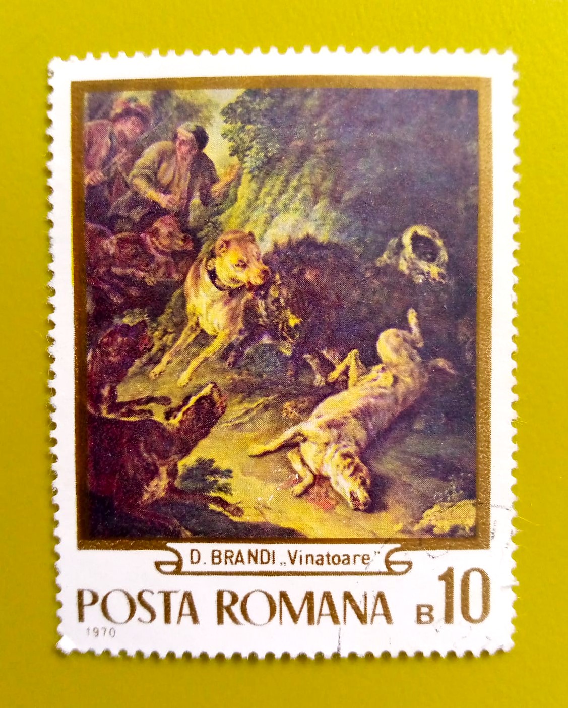 Issue:       Romania D. Brandi (Painting) Hunting Dog 1970 Stamp Type:        Stamp Number of Stamps:        1 Stamps Denomination:        10 B, Issue Date:         1970 Issued By:      Romania Post