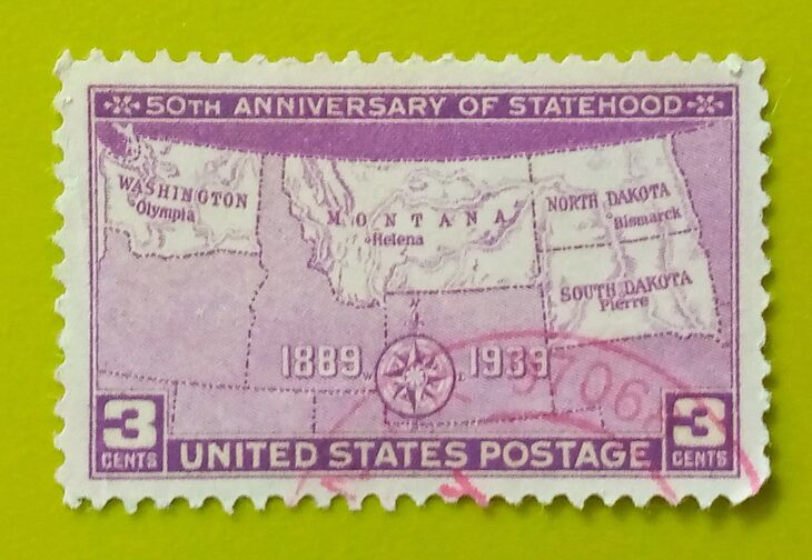 Issue:        United States 50th Anniversary of Statehood 1889-1939 Stamp Type:      Stamp Number of Stamps:        1 Stamps Denomination:         3 C,   Issue Date:        1889-1939 Issued By:       United States Postal Service (USPS)