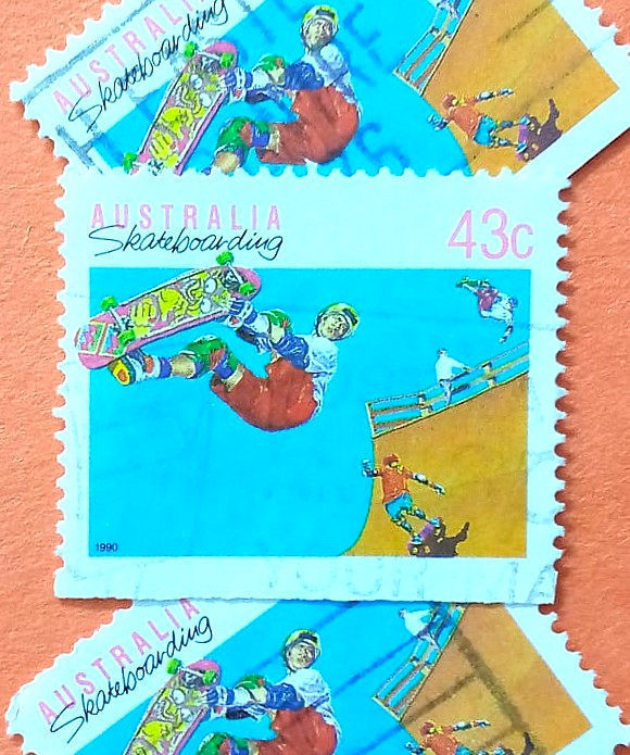 Issue:      Australia Skateboarding 1990 Stamp Type:       Stamp Number of Stamps:         3 Denominations:         43C, Issue Date:        1990 Issued By:      Australia Post