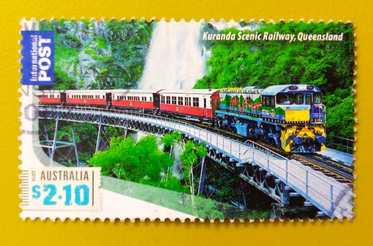Issue:      Australia Kuranda Scenic Railway Queensland 2010 Stamp Type:       Stamp Number of Stamps:         1 Denominations:         2.10 $           Issue Date:        2010 Issued By:      Australia Post