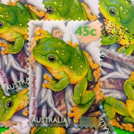 Issue:      Australia Magnificent Tree Frog 1999 Stamp Type:       Stamp Number of Stamps:        7 Denominations:         45 c, Issue Date:        1999 Issued By:      Australia Post