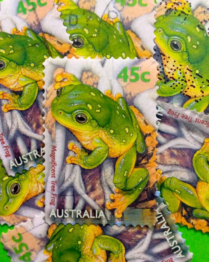 Issue:      Australia Magnificent Tree Frog 1999 Stamp Type:       Stamp Number of Stamps:        7 Denominations:         45 c, Issue Date:        1999 Issued By:      Australia Post