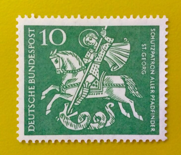 Issue:        Germany Patron Saint of All Scouts 1961 Stamp Type:       Stamp Number of Stamps:        1 Denominations:          10  PF, Issue Date:          1961 Issued By:       Germany Deutsche Post ( Deutschland )