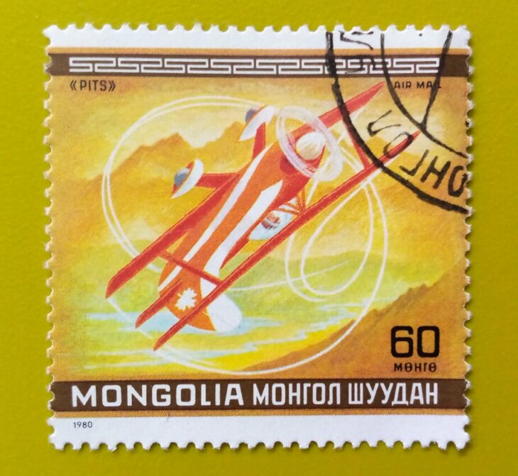 Issue:        Mongolia Pitts Aircraft 1980 Stamp Type:        Stamp Number of Stamps:       1 Denominations:         60 Tugrik  Issue Date:        1980 Issued By:        Mongolia Post 