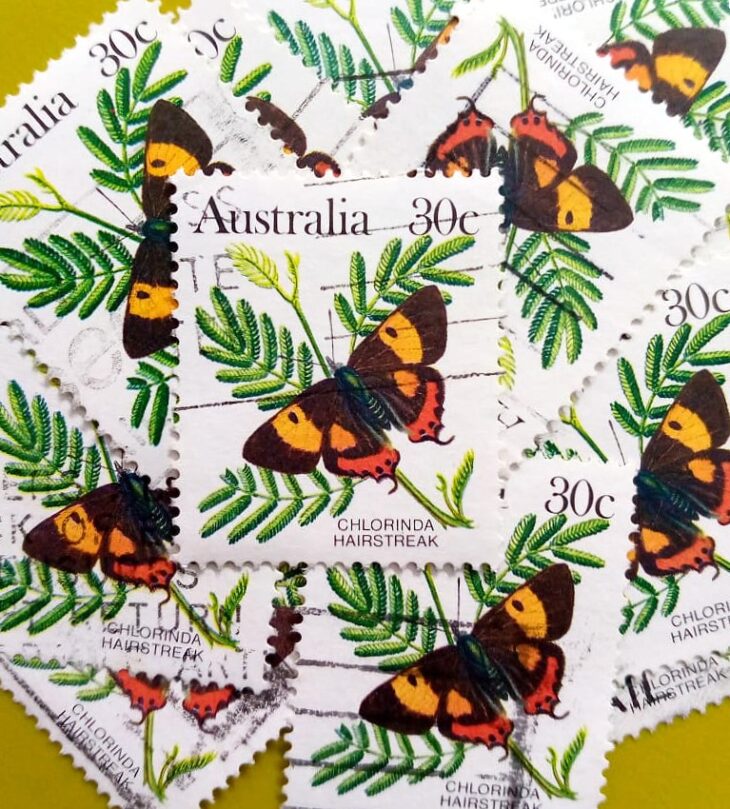 Issue:      Australia Chlorinda Hairstreak 1983 Stamp Type:       Stamp Number of Stamps:        12 Denominations:         30 c, Issue Date:        1983 Issued By:      Australia Post 