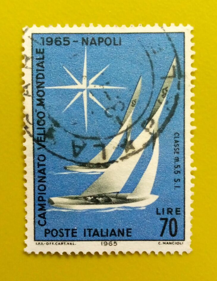 Issue:     Italy the World Sailing Championship 1965 Stamp Type:     Stamp Number of Stamps:       1 Stamps Denomination:        70 Lire, Issue Date:        1965 Issued By:     Italy post 