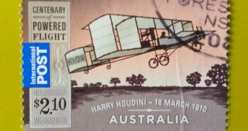Issue:      Australian Harry Houdini Centenary of Powered 1910 Stamp Type:     Stamp Number of Stamps:        1 Stamps Denomination:        2.10 $,  Issue Date:         1910 Issued By:     Australia Post 