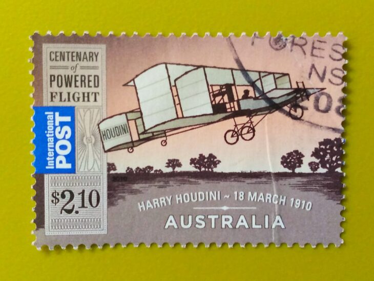 Issue:      Australian Harry Houdini Centenary of Powered 1910 Stamp Type:     Stamp Number of Stamps:        1 Stamps Denomination:        2.10 $,  Issue Date:         1910 Issued By:     Australia Post 