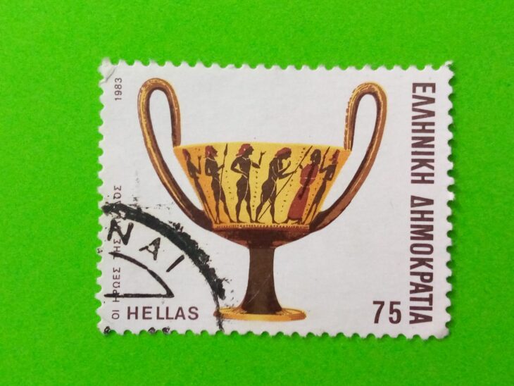 Issue:       Greece Republic Heroes of the Iliad 1983 Stamp Type:       Stamp Number of Stamps:         1 Denominations:         75 Dr, Issue Date:        1983 Issued By:     Greece Post 