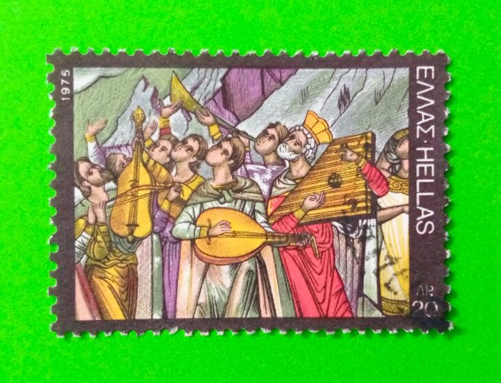 Issue:       Greece Musicians 1975 Traditional Stamp Type:       Stamp Number of Stamps:          1 Denominations:          20 Dr, Issue Date:        1975 Issued By:     Greece Post 