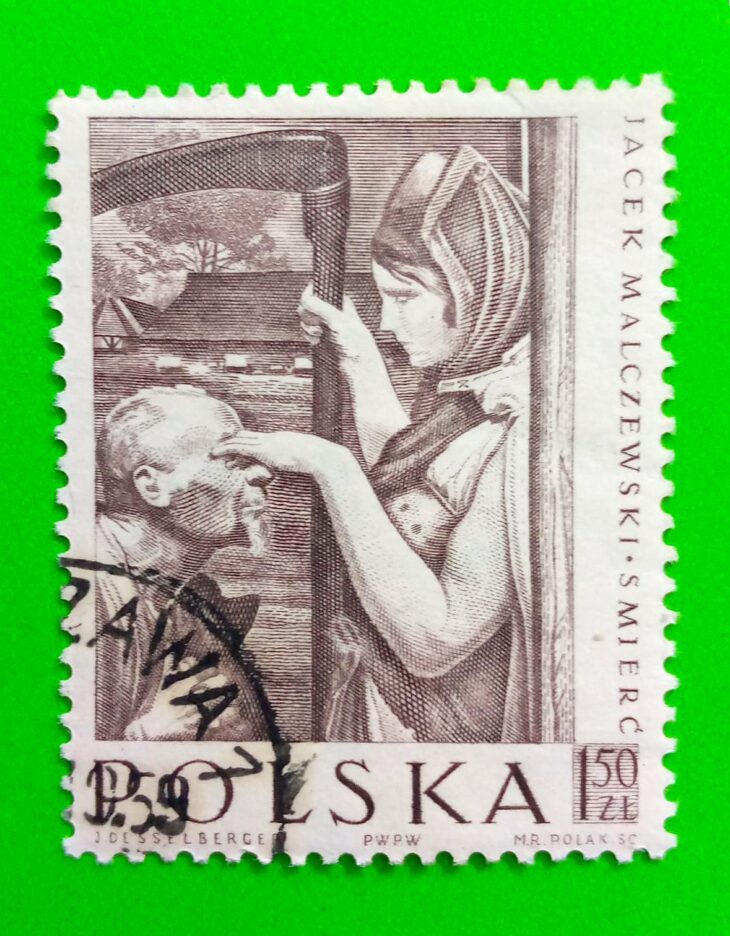 Issue:      Poland Old Man and Death by Jacek Malczewski 1959 Stamp Type:      Stamp Number of Stamps:        1  Stamps Denomination:        1.50 ZL, Issue Date:         1959 Issued By:      Poland POST 