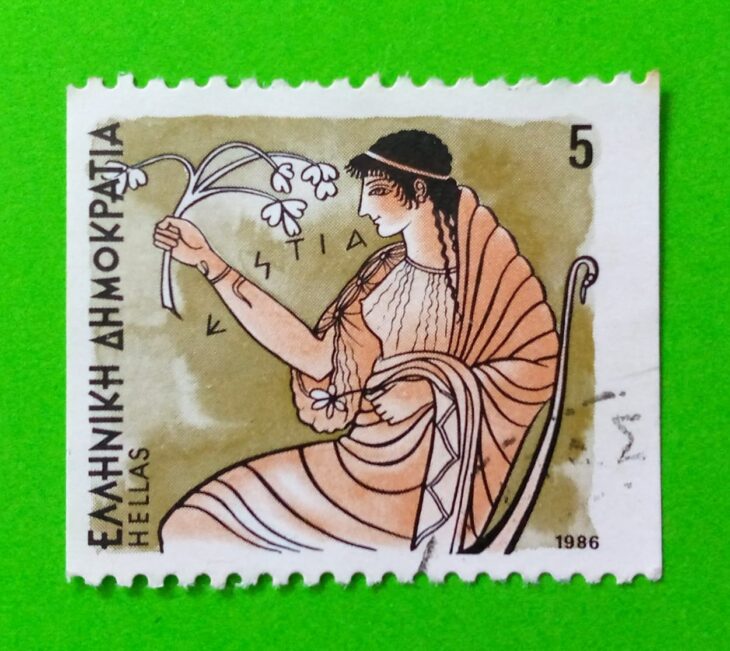 Issue:       Greece Goddess of the Hearth 1986 Stamp Type:       Stamp Number of Stamps:         1 Denominations:         5 Dr, Issue Date:          1986 Issued By:        Greece Post 