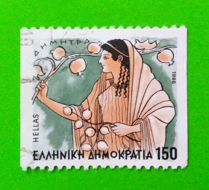 Issue:     Greece Demeter 1986 Stamp Type:     Stamp Number of Stamps:         1 Denominations:         1.50 Dr, Issue Date:       1986 Issued By:      Greece Post 