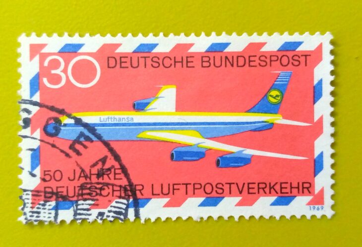 Issue:        Germany 50 Years Lufthansa 1969 Stamp Type:       Stamp Number of Stamps:         1 Denominations:          30  PF, Issue Date:          1969 Issued By:       Germany Deutsche Post ( Deutschland )