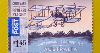 Issue:      Australian John Duigan Centenary of Powered 1910 Stamp Type:     Stamp Number of Stamps:        1 Stamps Denomination:        1.45 $,  Issue Date:         1910 Issued By:     Australia Post 