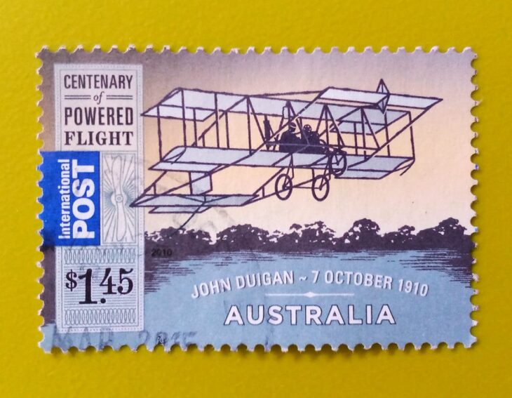 Issue:      Australian John Duigan Centenary of Powered 1910 Stamp Type:     Stamp Number of Stamps:        1 Stamps Denomination:        1.45 $,  Issue Date:         1910 Issued By:     Australia Post 