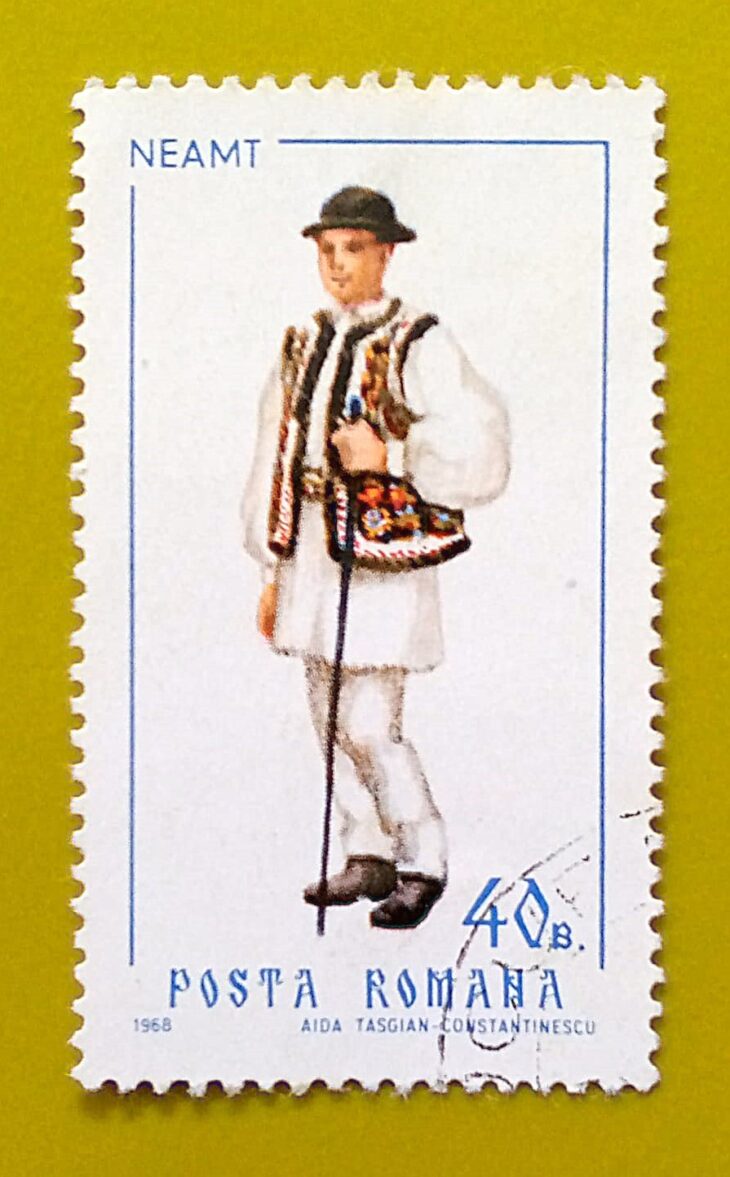 Issue:       Romania Man Costume (Neamt) 1968 Stamp Type:        Stamp Number of Stamps:         1 Stamps Denomination:       40 B, Issue Date:          1968 Issued By:      Romania Post