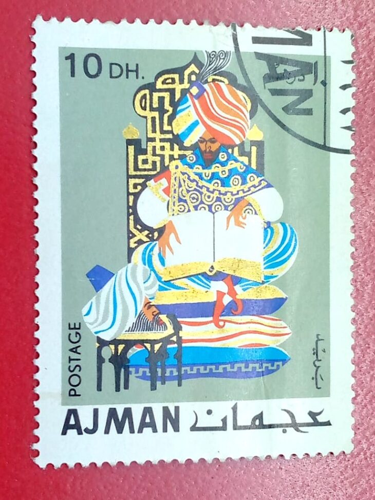 Issue:    Ajman Arabian Nights Fairy Tales Series 4 1967 Stamp Type:   Stamp Number of Stamps:     1 Stamps Denomination:      10 DH Issue Date:     1967 Issued By:   Ajman Post 