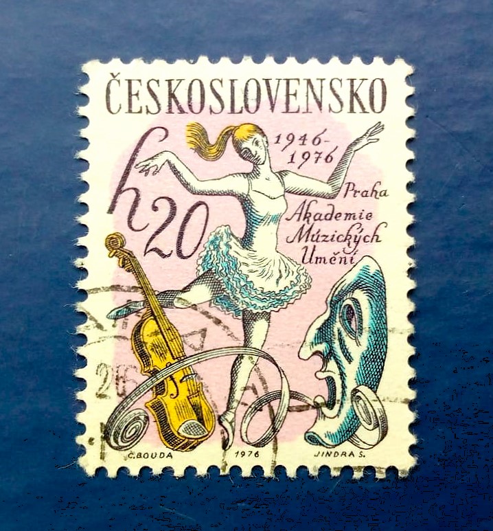 Issue:     Czechoslovakia 30th Anniversary of the Academy of Performing Arts in Prague Stamp Type:      Stamp Number of Stamps:      1 Stamps Denomination:      20 h, Issue Date:       1976 Issued By:      Czechoslovakia Postal Service (USPS) 