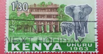 Issue:      Kenya Treetops Hotel and Elephants Uhuru Tourism 1963Stamp Type:     Stamp Number of Stamps:      1 Stamps Denomination:      1.30 Sh ( Shillings ) Issue Date:       1963 Issued By:      Kenya Post 