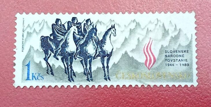 Issue:    Czechoslovakia 1989 Slovak National Uprising 45th Anniversary 1 Kčs Stamp Type:    Stamp Number of Stamps:     1 Stamps Denomination:    1 Kcs, Issue Date:     1978 Issued By:    Czechoslovakia Postal Service (USPS)