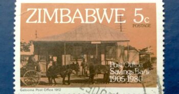 Issue:       Zimbabwe 1980 Post Office Savings Bank 75th Anniversary Gatooma Post Office 1912 Stamp Type:     Stamp Number of Stamps:     1 Denominations:      5C, Issue Date:       1980 Issued By:     Zimbabwe Post