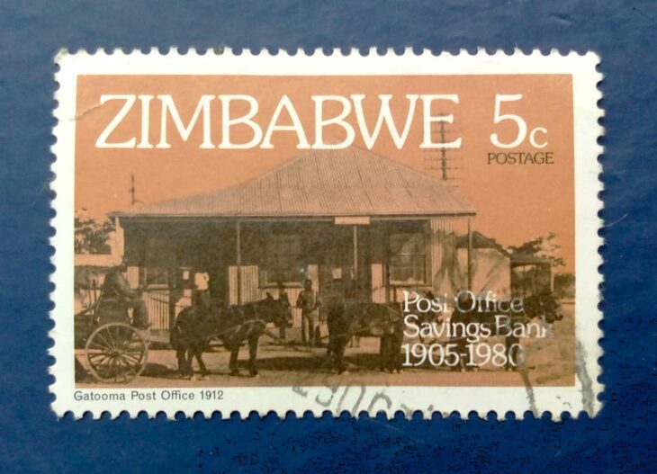 Issue:       Zimbabwe 1980 Post Office Savings Bank 75th Anniversary Gatooma Post Office 1912 Stamp Type:     Stamp Number of Stamps:     1 Denominations:      5C, Issue Date:       1980 Issued By:     Zimbabwe Post