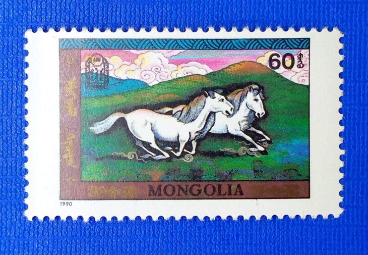 Issue:        Mongolia Horse Painting 1990 Stamp Type:        Stamp Number of Stamps:       1 Denominations:      60₮ Issue Date:          1990 Issued By:        Mongolia Post 
