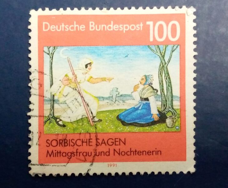 Issue:      Germany Sorbian Legends The Midday Woman and Nochten Woman 1991 Stamp  Type:      Stamp Number of Stamps:      1 Denominations:       100 pf, Issue Date:        1991 Issued By:      Germany Deutsche Post ( Deutschland )