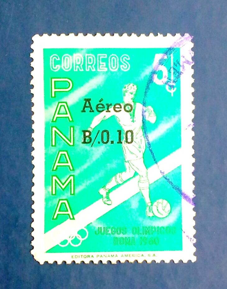 Issue:       Correos de Panamá Olympic Football Airmail Stamp Type:        Stamp Number of Stamps:       1 Denominations:        B/. 0.10 Issue Date:        1960 Issued By:       Correos de Panamá / Panama Postal Service
