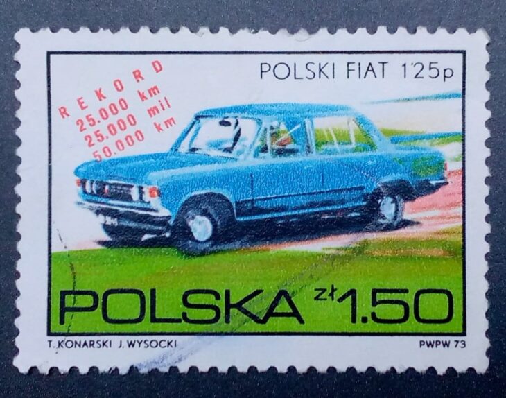 Issue:      Poland Polski Fiat 125p 1973 Stamp Type:      Stamp Number of Stamps:        1  Stamps Denomination:         1.50 ZL, Issue Date:       1973 Issued By:      Poland POST 