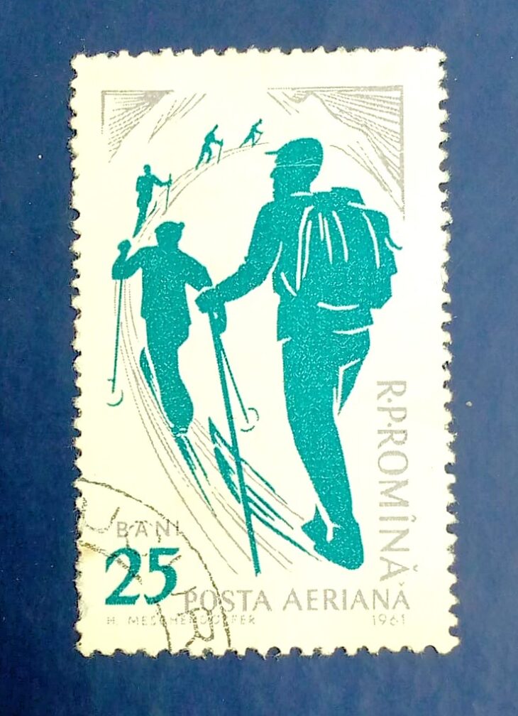 Issue:       Romania (Skier) Winter Games 1961 Stamp Type:        Stamp Number of Stamps:        1 Stamps Denomination:       25 Bani Issue Date:         1961 Issued By:      Romania Post