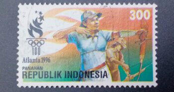 Issue:      Indonesia Olympics Archery Atlanta 1996 Stamp Type:       Stamp Number of Stamps:       1 Denominations:        300 Rp, Issue Date:       1996 Issued By:       Indonesia Post 