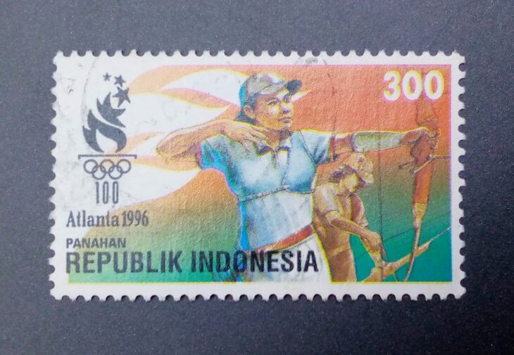 Issue:      Indonesia Olympics Archery Atlanta 1996 Stamp Type:       Stamp Number of Stamps:       1 Denominations:        300 Rp, Issue Date:       1996 Issued By:       Indonesia Post 