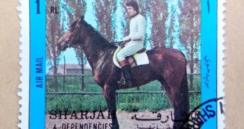 Issue:     Sharjah & Dependencies Horses and Riders 1972 Stamp Type:       Stamp Number of Stamps:       1 Denominations:        1 RL, Issue Date:        1972 Issued By:       Sharjah Post