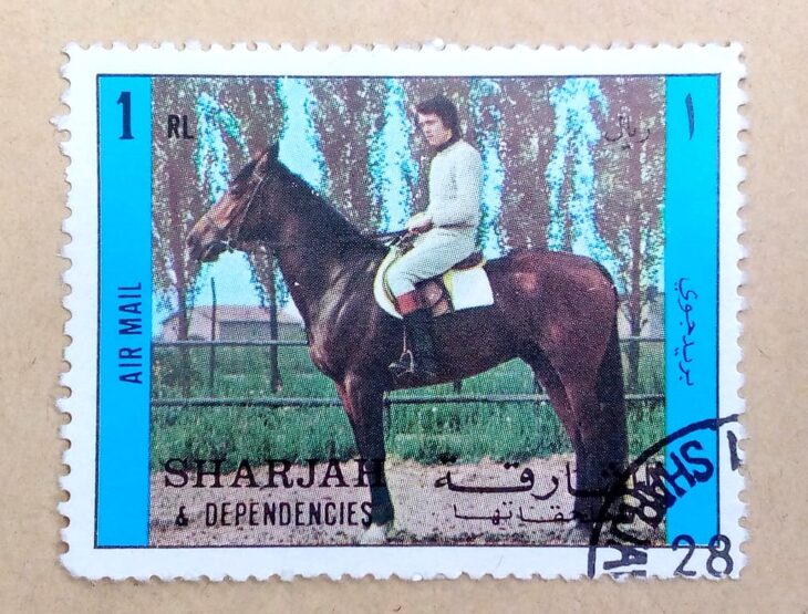 Issue:     Sharjah & Dependencies Horses and Riders 1972 Stamp Type:       Stamp Number of Stamps:       1 Denominations:        1 RL, Issue Date:        1972 Issued By:       Sharjah Post